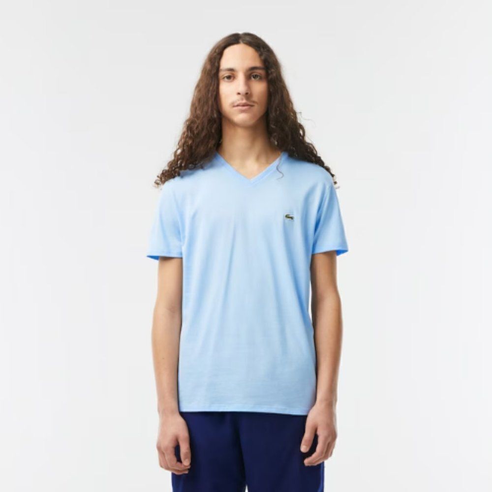 Lacoste Mens Sky Blue V-neck Pima Cotton Short Sleeves Jersey T-Shirt Size Small